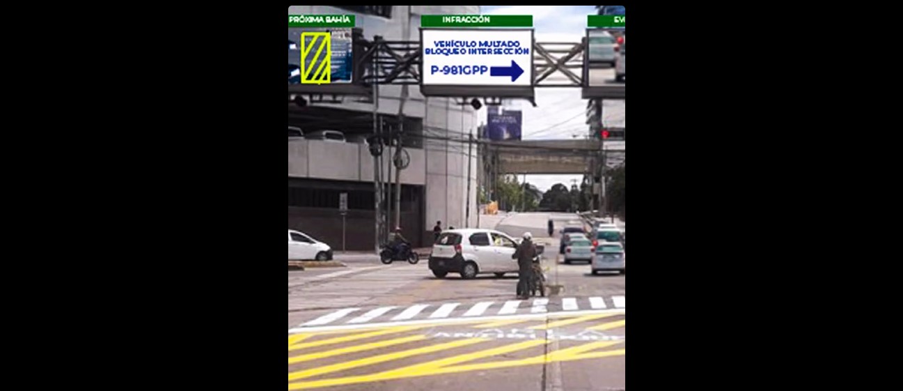 Pantalla del sistema Bahías antibloqueo mostrando un vehículo multado por bloquear una intersección