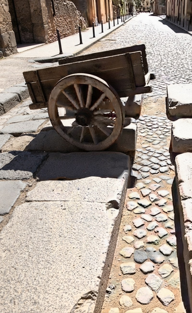 Recreación de una rueda de carreta encajada exactamente en el espacio entre dos piedras de paso